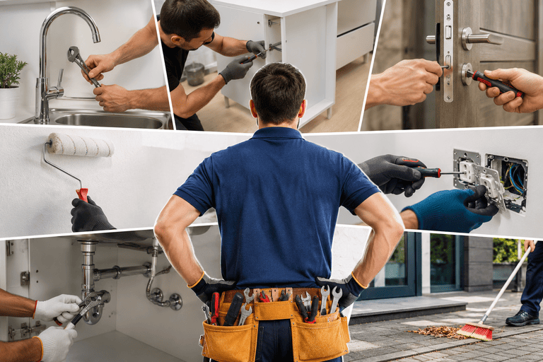 Professioneller Handwerker bei verschiedenen Reparatur- und Montagearbeiten in moderner Wohnung in Wien