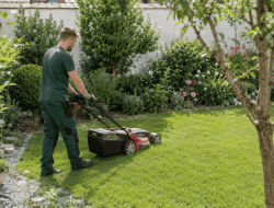 Gartenbetreuung in Wien mit Gartner beim Rasenmahen im gepflegten Garten
