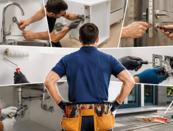 Professioneller Handwerker bei verschiedenen Reparatur- und Montagearbeiten in moderner Wohnung in Wien
