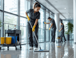Professionelle Gebaudereinigung in Wien mit Reinigungskraft bei der Bodenreinigung in modernem Gebäude