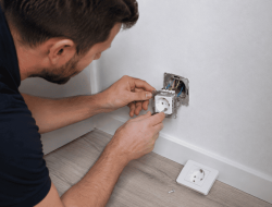 Elektriker wechselt defekte Steckdose