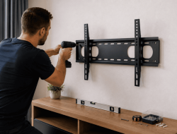 Handwerker montiert moderne TV Wandhalterung im Wohnzimmer in Wien