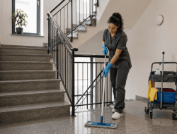 Stiegenhausreinigung in Wien mit professioneller Reinigungskraft im modernen Treppen
